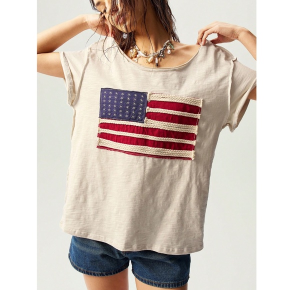 100% Cotton American Flag Beige Oversized Scoop Neck Bohemian Tee Shirt - Picture 2 of 10